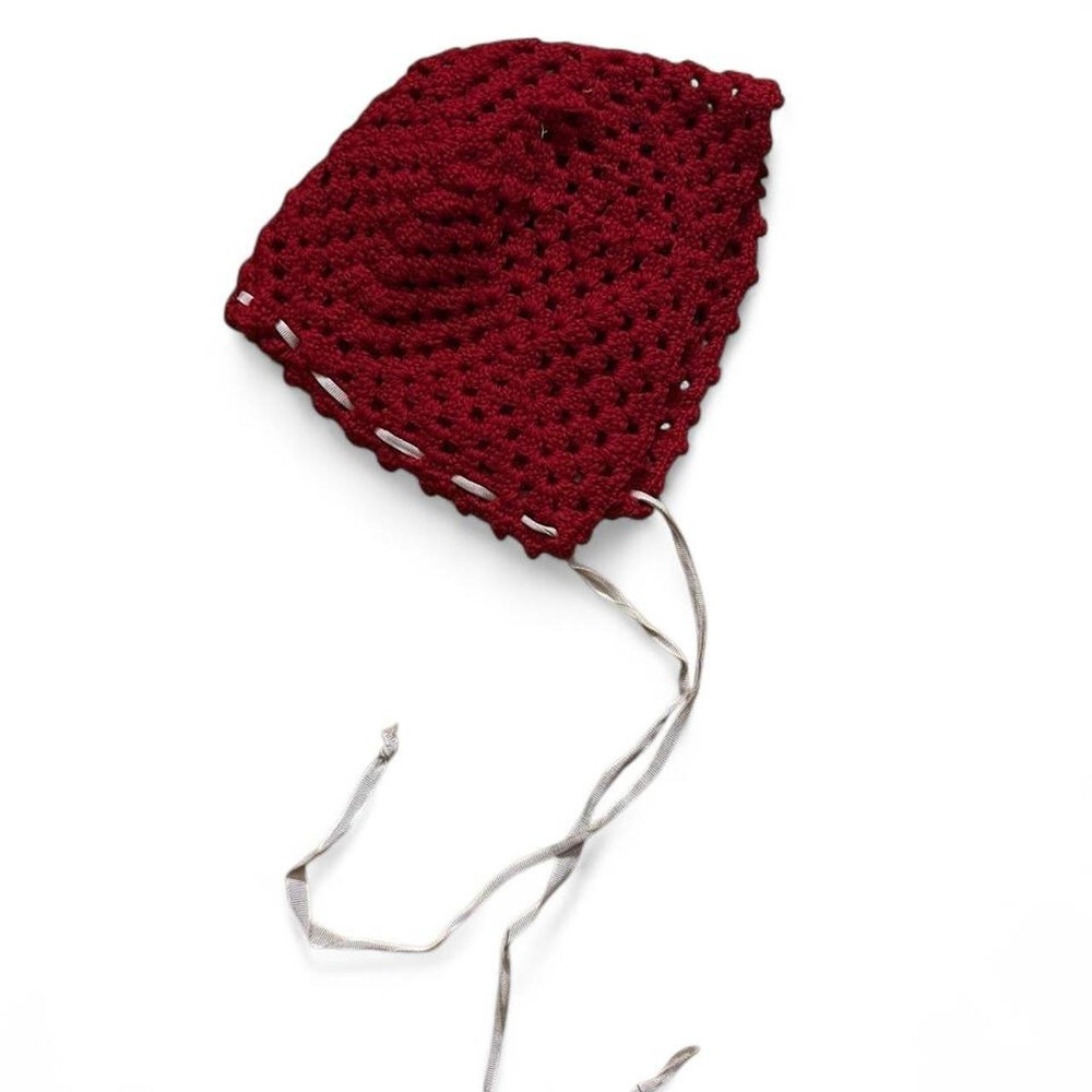 Girls Crochet Headscarf Red Ribbon Tie Coquette Cottagecore Kids Teen